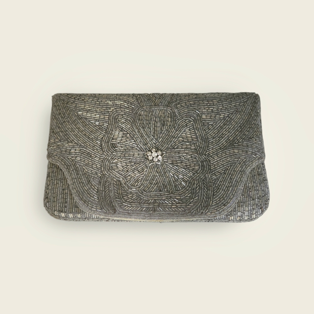 Elegant Silver Beaded Clutch Bag